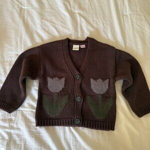 Zara Girls Cable Knit Cardigan, Brown with Tulip Flower Front, Size 6